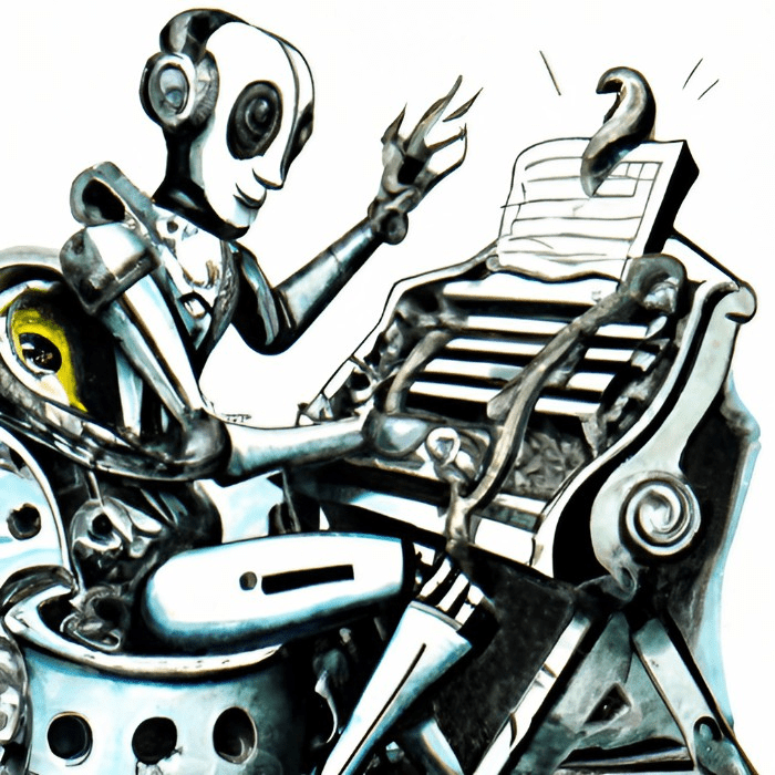 A robotic figure sits in a chair with a keyboard, tinkering away at a hauntingly beautiful melody as sparks fly from its metallic fingertips.