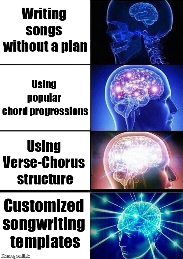 Expanding Brain: This meme shows the progression from writing songs without a plan to using customized songwriting templates.