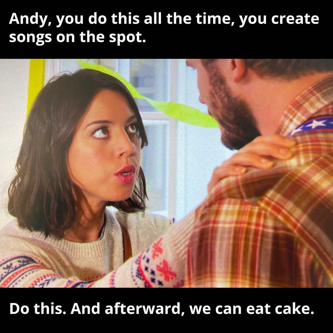 Write song. Eat cake. Got it. Parks and Recreation S6E11
